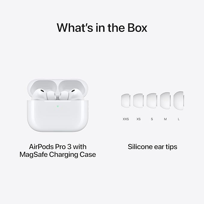 سماعات أذن لاسلكية Apple AirPods Pro 3، ميزة إلغاء الضوضاء النشط، الترجمة الفورية، استشعار معدل ضربات القلب، ميزة مساعدة السمع، سماعات بلوتوث، صوت مكاني، صوت عالي الدقة، شحن عبر منفذ USB-C
